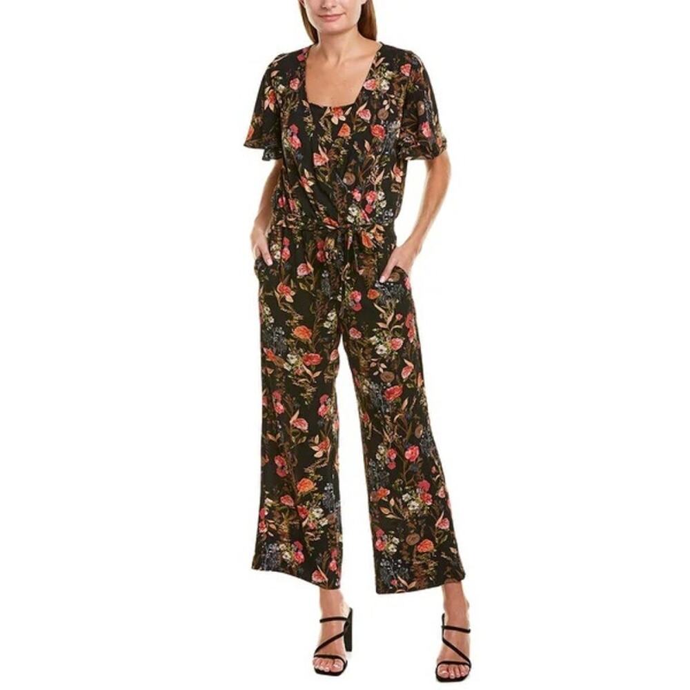 Marella Floral Wide Leg Jumpsuit Small Black Surplice Garden Girl